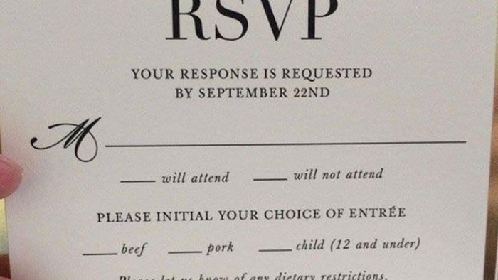 Inbjudningskort med RSVP som ber om svar för att delta och val av måltid med alternativ för nötkött, fläsk och barn.