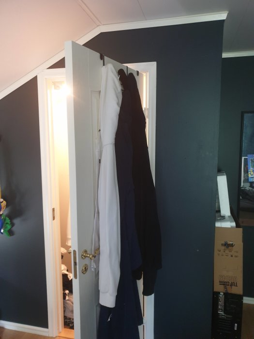 Ett litet förråd i ett sovrum med kläder hängandes på en dörr, omgivet av mörka väggar.