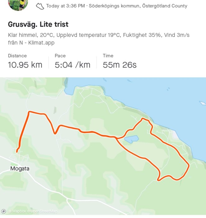 Karta över löprunda med markerad rutt på 10.95 km, hastighet och totalt tid, nära Mogata, Söderköpings kommun.