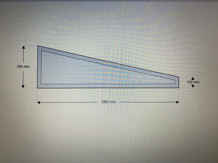 Schematisk bild av ett trekantigt fönster med måttangivelser för beräkning av vinkel för salningslister.