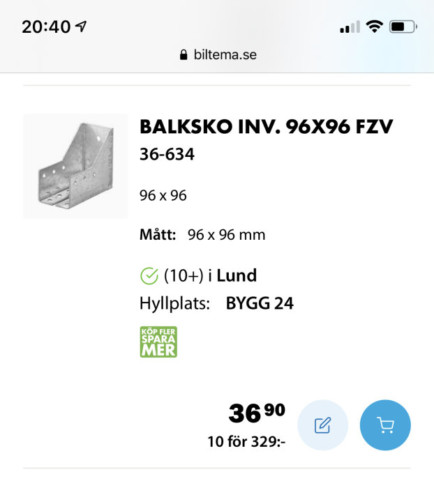 Balksko INV. 96x96 FZV fra Biltema med pris 36,90. Tilgjengelig i Lund, hylle BYGG 24.