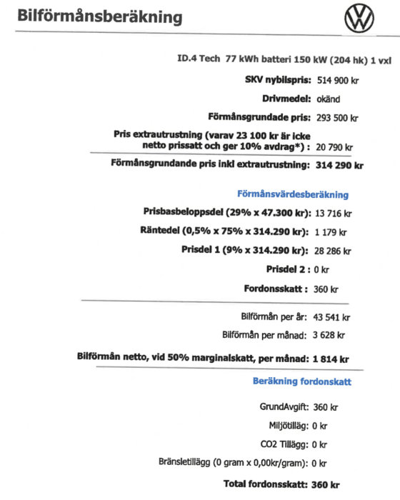 Bild på en bilförmånsberäkning för en ID.4 Tech elbil, som visar nybilpris, förmånsgrundande pris och månadskostnader inklusive förmån och fordonsskatt.