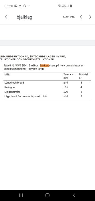 Tabell med toleransvärden för bjälklagskant i byggprojekt, visad på mobilskärm.