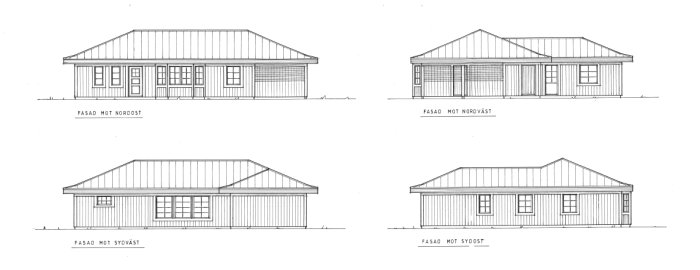 Fyra fasadritningar av ett hus mot norröst, nordväst, sydväst och sydöst.