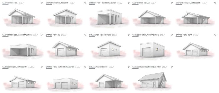 Illustration av olika garage- och carportmodeller för ett och två bilar, med och utan inredningsbar vind.