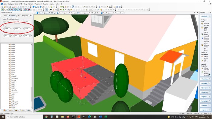 3D-modell av hus med befintlig grå altan och rödmarkerad yta för tänkt utvidgning.