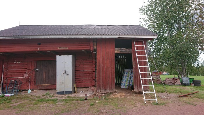 Gammal röd vedbod med förberedelser för rivning, stege vid sidan, saknade plankor i väggen.