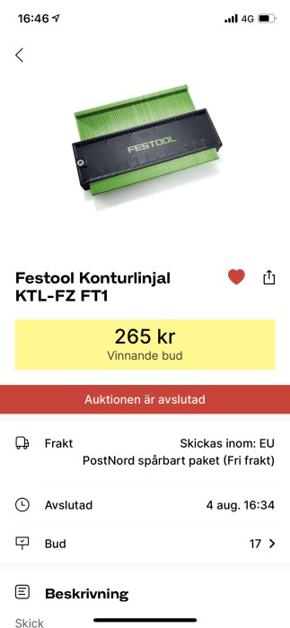 Festool konturlinjal KTL-FZ FT1 på en auktionssida med vinnande bud på 265 kr, auktionen avslutad.