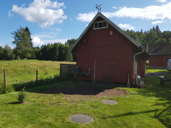 Nyklippt gräsmatta och en nyanlagd rabatt intill en röd lada med jordhög och skottkärra redo för trädgårdsarbete.