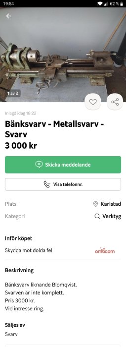 Begagnad bänksvarv liknande Blomqvist på ett bord, ej komplett, till salu.