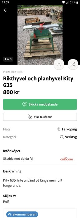 Begagnad Kity 635 rikthyvel och planhyvel på en grön stativ utomhus med trädgårdsbakgrund.