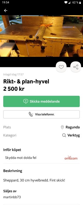 Begagnad rikt- och planhyvel i fint skick med 30 cm hyvelbredd till salu, visas i en verkstadslokal.