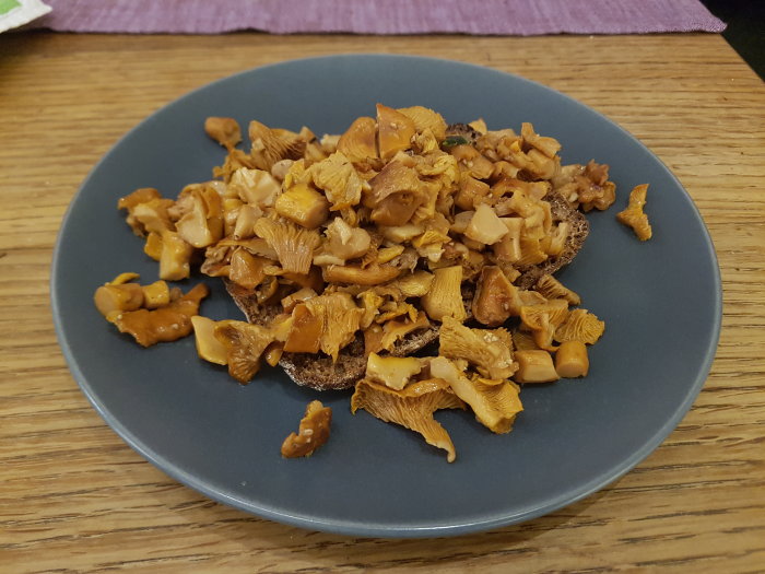 En smörgås toppad med gula kantareller på en grå tallrik.