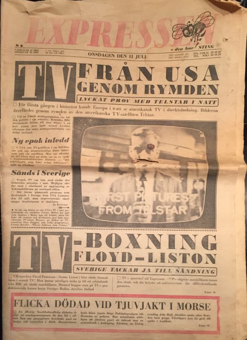 Första sidan av en gammal Expressen-tidning från 11 juli 1962 med rubriker om satellitsändning och boxning.