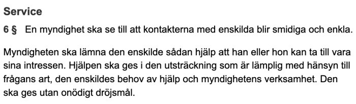 Skärmdump av förvaltningslagens 6 § om myndigheters servicekrav.