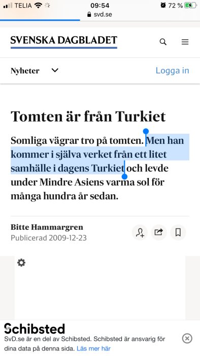 Skärmbild av Svenska Dagbladets artikel med rubriken "Tomten är från Turkiet" och textutdrag.