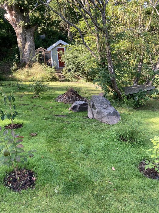 En mindre sten placerad i ett hörn av en grönskande trädgård med träd, gräsmatta och en röd dörr till trädgårdsbod.