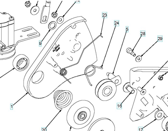 Sprängskiss för en Klippo gräsklippare som visar delar inklusive numrerade kilrem och fjädrar 23 och 24.