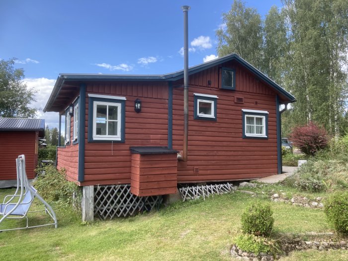 Röd stuga med vita knutar på plintgrund i en slänt, behov av upprätning.