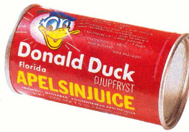 En burk Donald Duck apelsinjuice, djupfryst, med karaktären ansikte på etiketten.