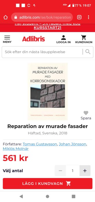 Skärmdump av en webbsida som visar en bok om reparation av murade fasader med titeln och pris.