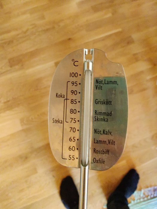 Köttermometer hållen i hand med temperaturguider för olika köttsorter och tillagningsmetoder.