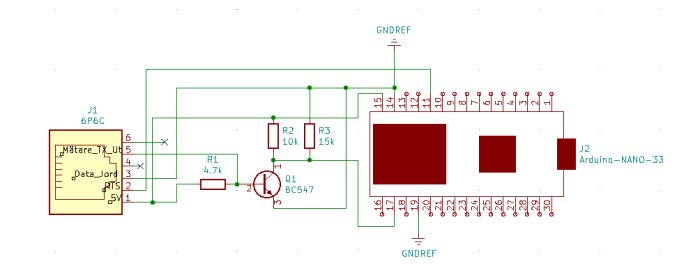 Elektronisk kretsschema som innehåller en Arduino Nano, transistor, motstånd och anslutningar.