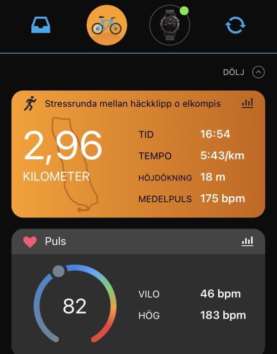 Skärmdump av träningsapp som visar statistik för löprunda, inkluderar distans, tid, tempo, höjdförändring och puls.