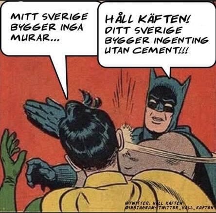 Illustration av Batman som slår Robin, med pratbubblor om Sverige och byggande.