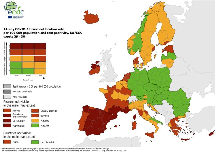 ECDC-karta som visar COVID-19 smittspridning i Europa med fokus på högre smittotal i Stockholm.