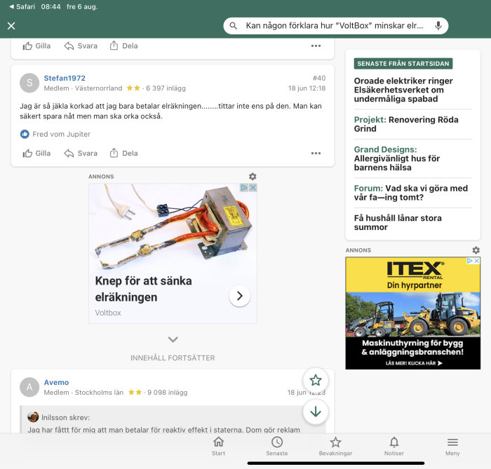 En skärmbild av en diskussionstråd om Voltbox med en annons som visar en enhet och texten "Knep för att sänka elräkningen".