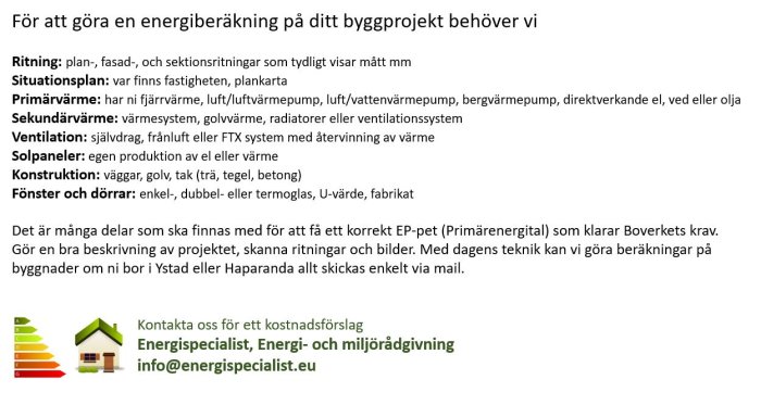 Informationsgrafik som listar komponenter för energiberäkning av byggprojekt, inkluderar kontaktuppgifter.