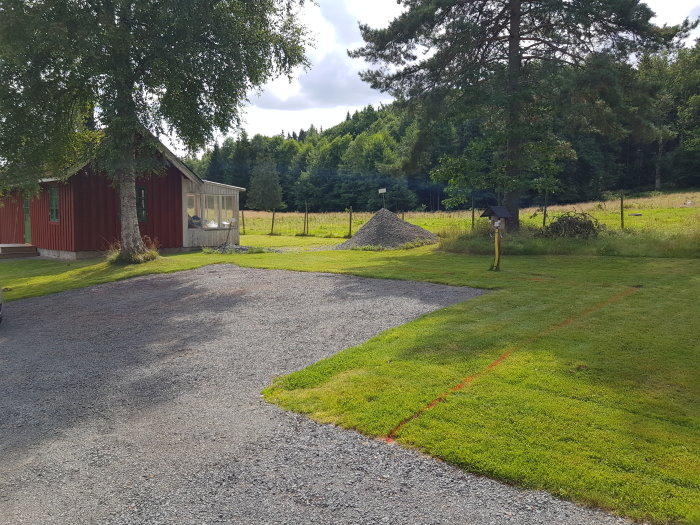 En grusad parkering vid röd stuga, markerade expansionslinjer på gräs, jordhög och motorvärmarstolpe.