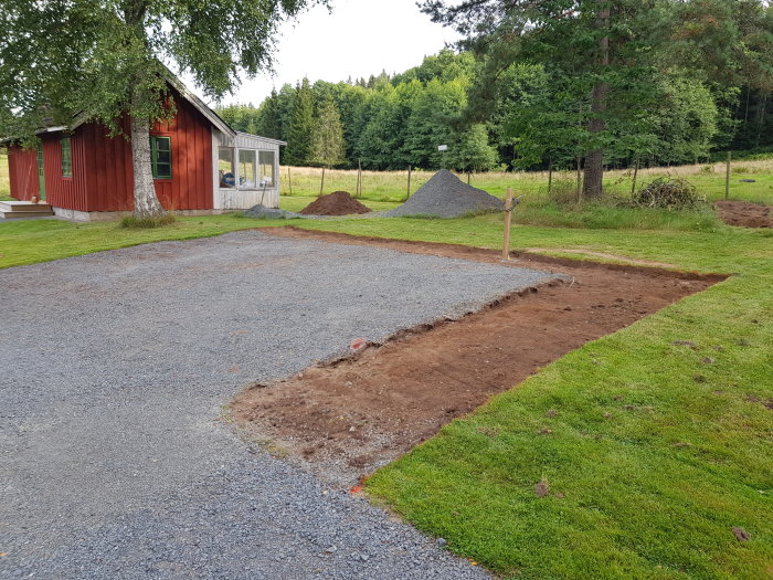 Breddning och förlängning av en grusparkering med uppgrävd jord och en stolpe för motorvärmare, vid ett rött hus.