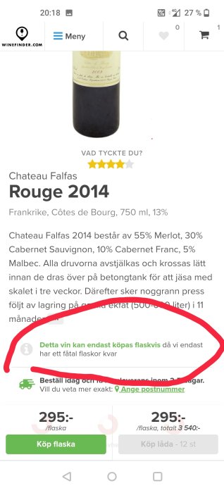 Vinflaska Chateau Falfas Rouge 2014 från en mobilwebbplats, information om pris och begränsat lager markerat.