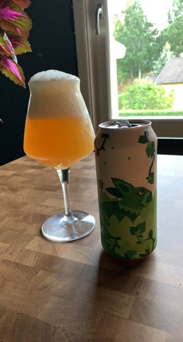 Ett glas fyllt med orange öl och skum bredvid en illustrerad ölburk på ett bord.