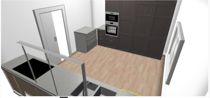 3D-ritning av ett kök med inbyggda vitvaror, köksö och trägolv, plats för matbord intill fönstret.