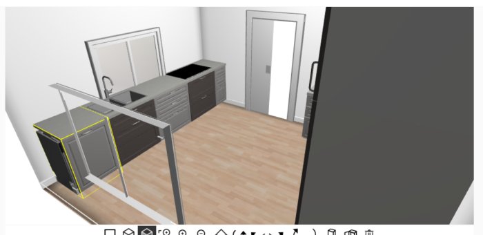 3D-utkast av ett kök med köksö, inbyggda skåp och vitvaror, i ett ljust rum med dörrar.
