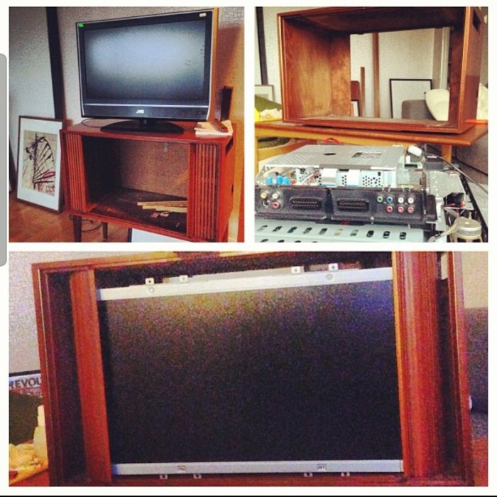Gammal TV-kabinett ombyggd till modernt användande med ny skärm och elektronik.