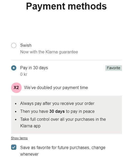 Skärmdump av betalningsmetoder inklusive Swish och Klarna med optionen att betala om 30 dagar.