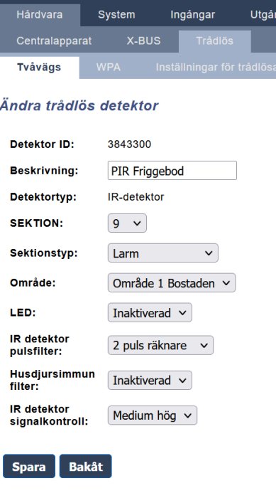 Skärmdump av inställningsmeny för en trådlös detektor med fält för ID, beskrivning, detektortyp och andra attribut.