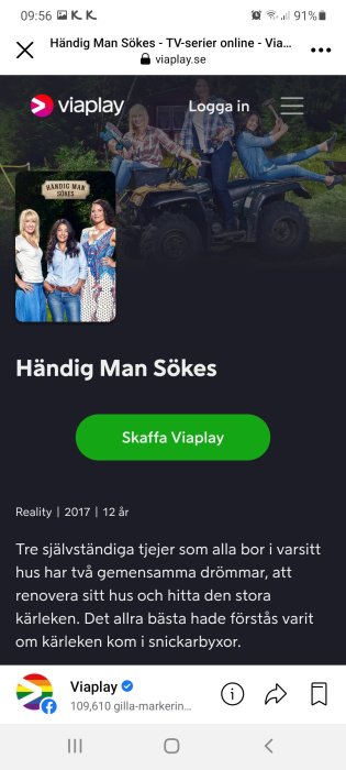 Tre leende kvinnor poserar med verktyg och en fyrhjuling i en reklambild för tv-serien "Händig Man Sökes".