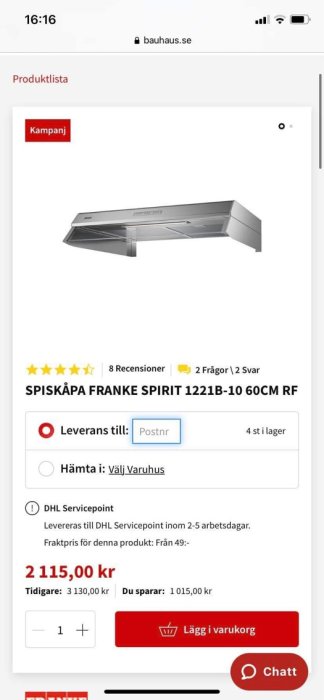 Rostfri spiskåpa från Bauhaus webbsida, modell "FRANKE SPIRIT 1221B-10 60CM RF" på rea för 2 115 kr.