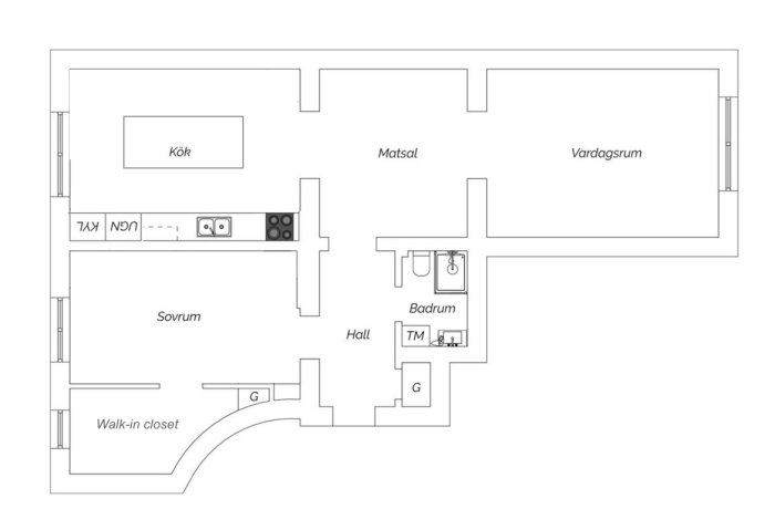 Ritning av en lägenhetsplan med kök, matsal, vardagsrum, sovrum, badrum, hall och walk-in closet.