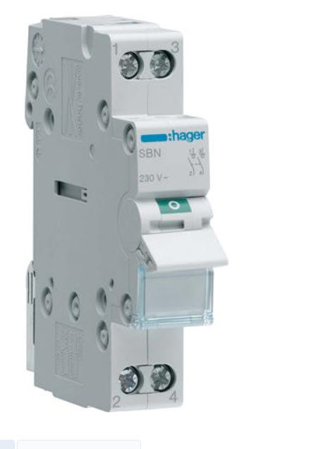 En 2-polig Hager säkerhetsbrytare med pluggade anslutningar för terminal 3 och 4.