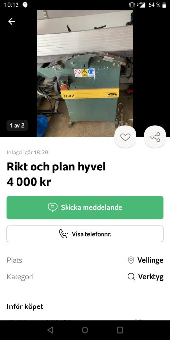 Begagnad rikt och planhyvel i verkstaden.