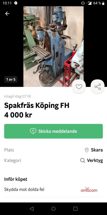 Gammal spakfräs Köping FH i ett verkstadsutrymme.