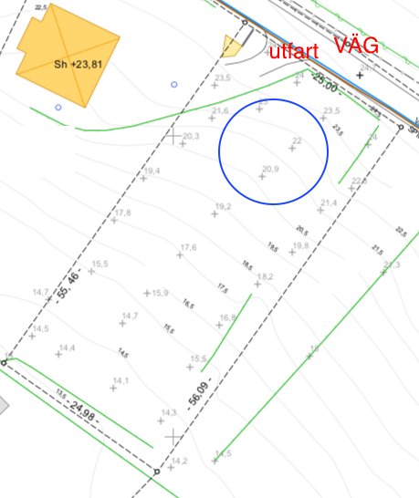 Tomtkarta med höjdkurvor och blå cirkel markerande föreslagen plats för husbygge.