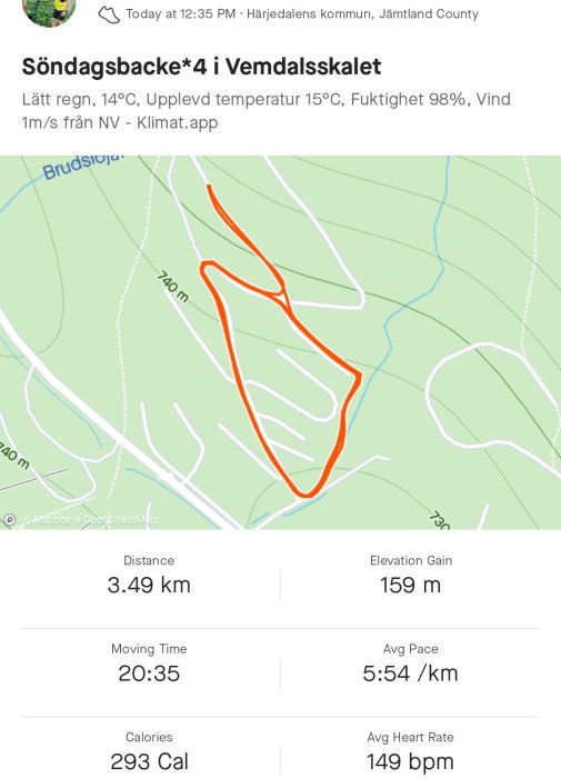 Karta över löprunda med markerad sträcka på 3,49 km och höjdprofil, statistik inklusive tid och puls.
