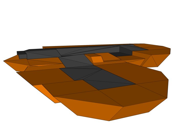 3D-modell av schakt och slänter för byggprojekt med olika volymmarkerade zoner.